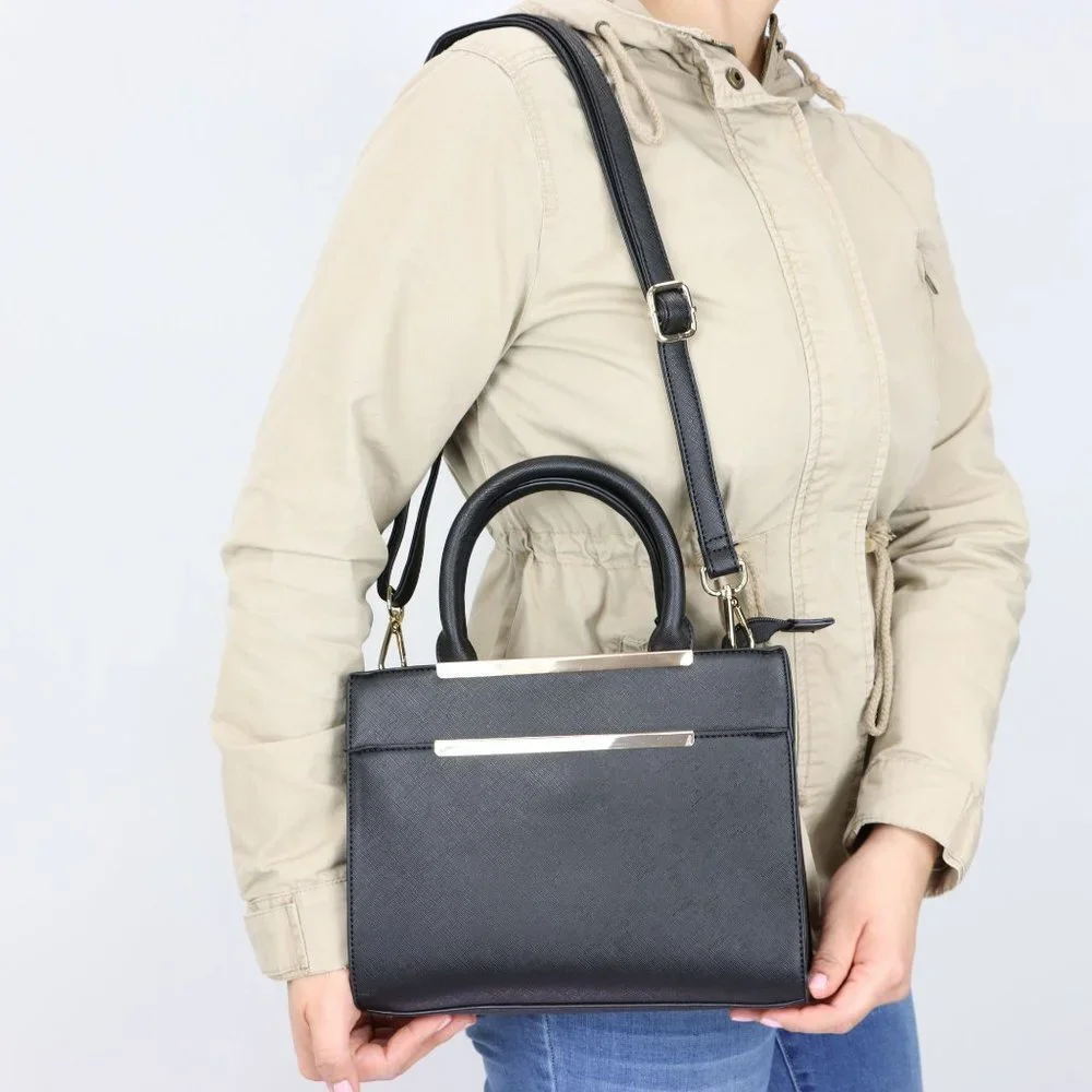 Black Faux Leather Purse Tote Cross Body Shoulder Hand Bag - Picture 9 of 12